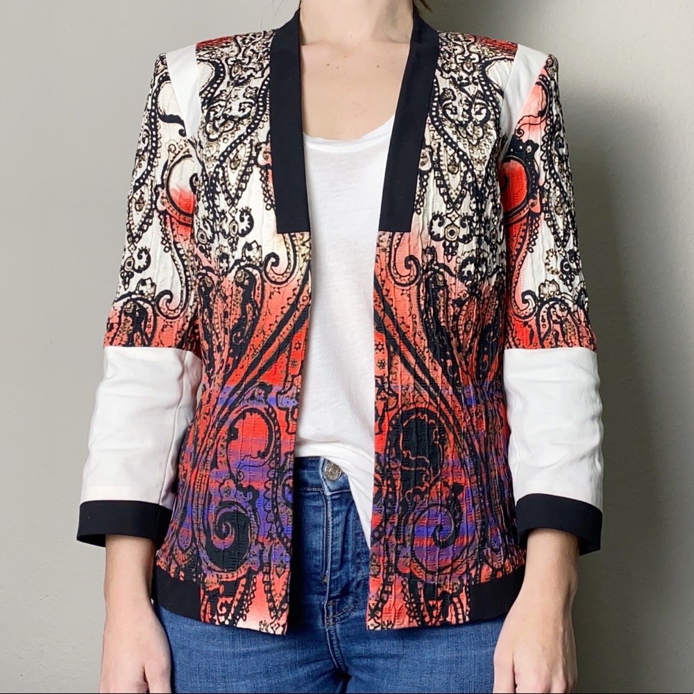 Etro Stretch Cotton Multicolor Printed Open Front Textured Structured Jacket